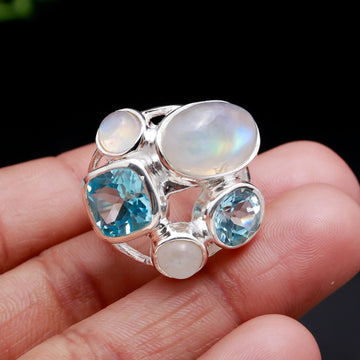 Rainbow Moonstone and Sky Blue Topaz Statement Ring