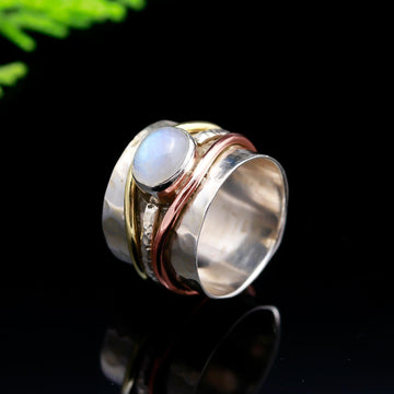 Luminescent Whispers: Rainbow Moonstone Silver Band Ring