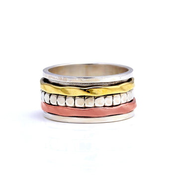 Tri-Metal Harmony: Three Tone Spinner Ring in Silver, Rose Gold, and Gold