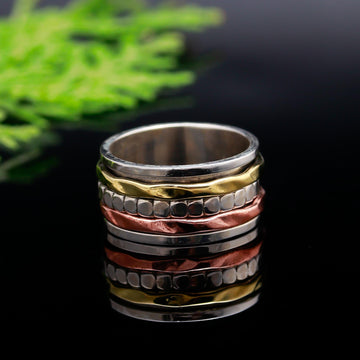 Tri-Metal Harmony: Three Tone Spinner Ring in Silver, Rose Gold, and Gold